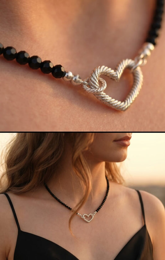 Handmade Black Tourmaline gemstone necklace with a solid 925 sterling silver heart clasp, crafted in Ireland.