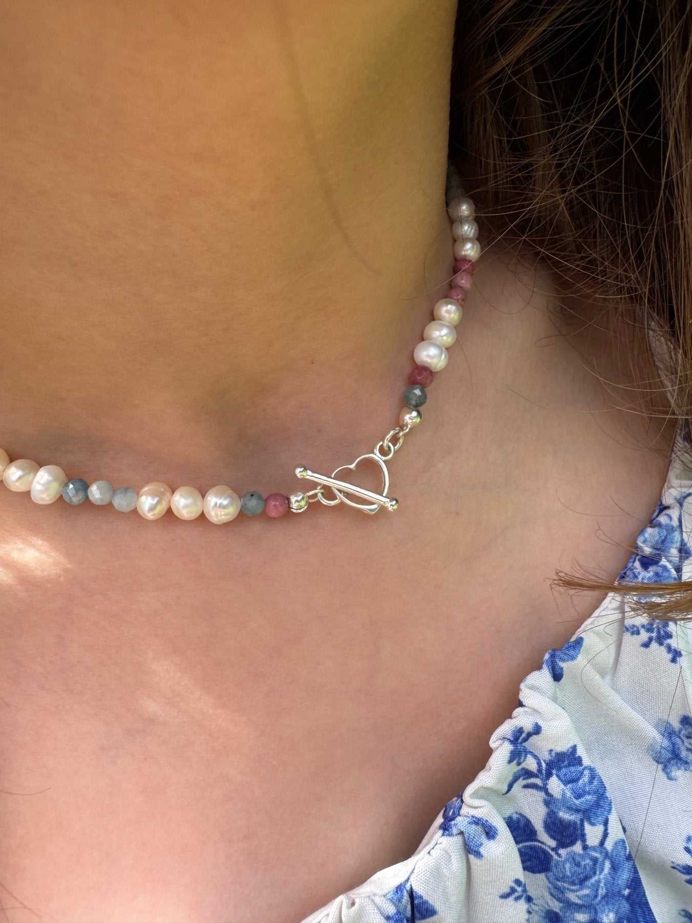 Heart Clasp Choker Aquamarine Rhodonite Pearl Choker – 925 Silver