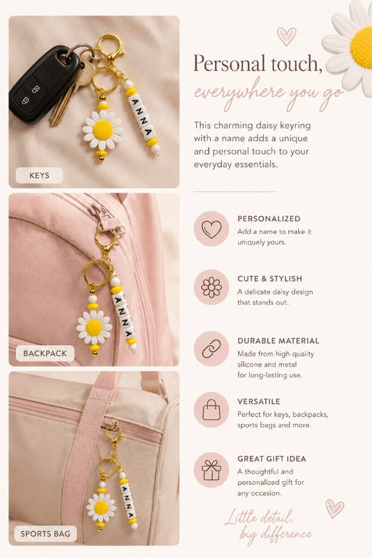 Personalised daisy backpack charm with ANNA name beads, white and yellow silicone beads and gold-tone clasp attached to a pastel pink school backpack.