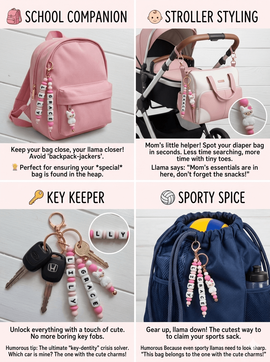 A stylish and practical baby accessory: a personalized name charm attached to a diaper bag on a stroller. The product combines identity and aesthetic design, perfectly matching modern nursery and parenting gear.
