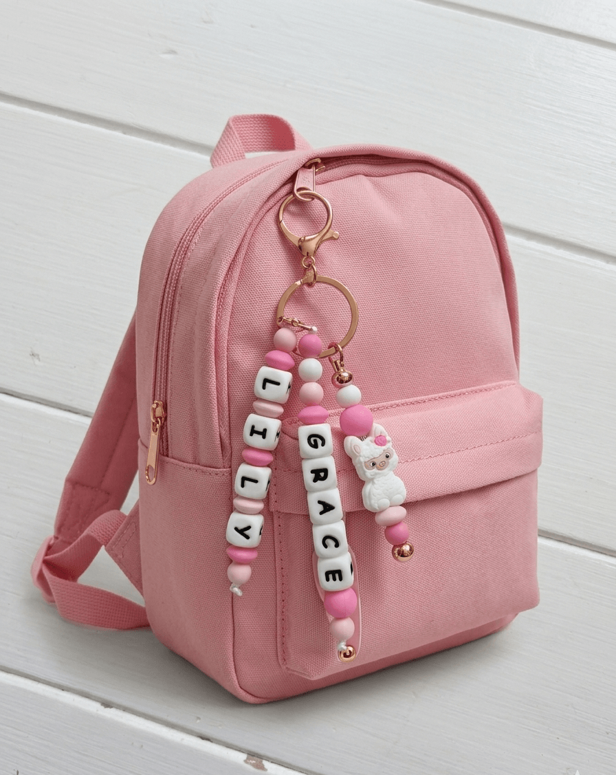 Handcrafted, personalized charm made from BPA-free soft silicone in shades of pink and white. It features three strands: two with name beads and one with a cute white llama figurine with a pink rose, all attached to an elegant rose gold clasp.
