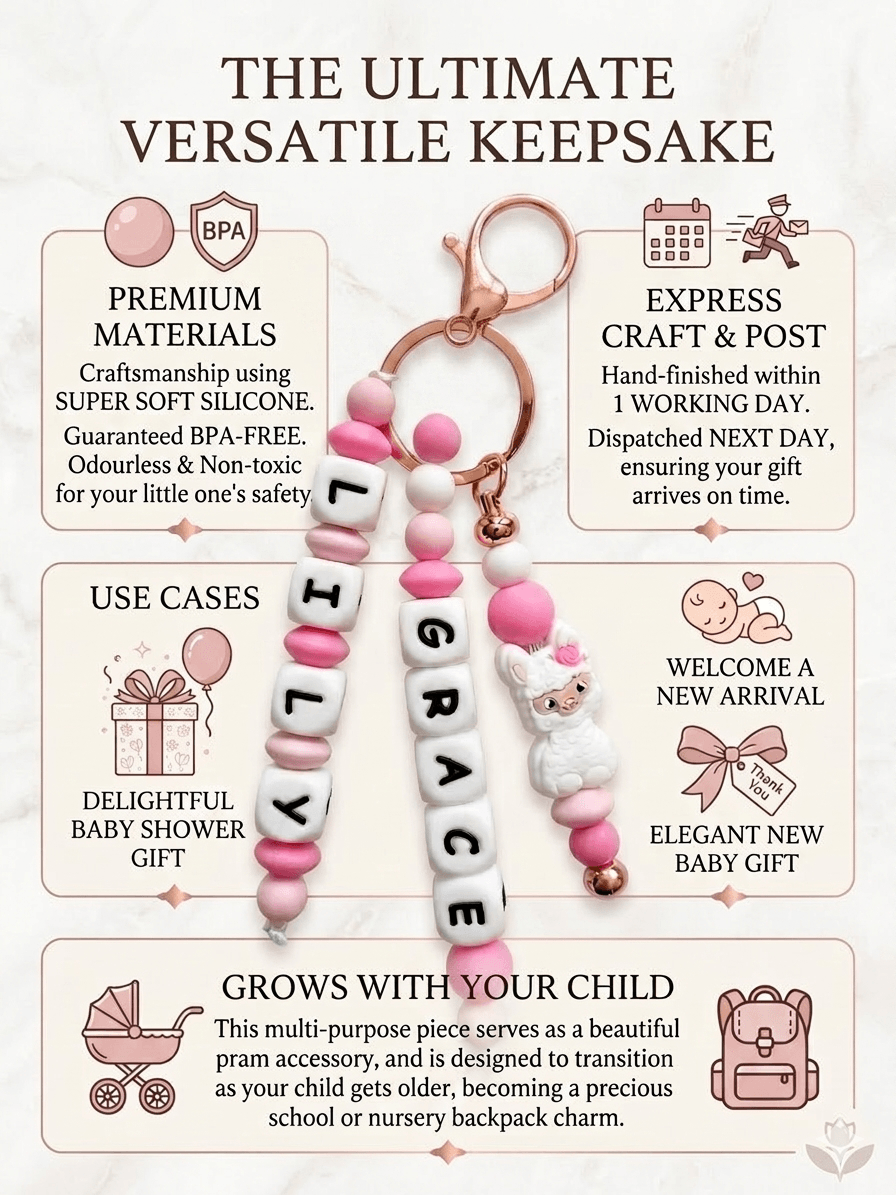Handcrafted, personalized charm made from BPA-free soft silicone in shades of pink and white. It features three strands: two with name beads and one with a cute white llama figurine with a pink rose, all attached to an elegant rose gold clasp.