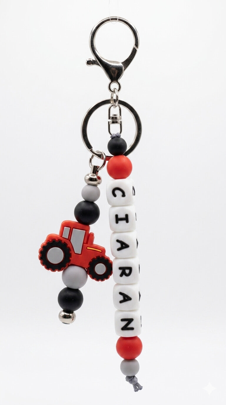 Custom name tag attached to a child's school backpack to help identify belongings in the classroom, made from high-quality BPA-free silicone beads.