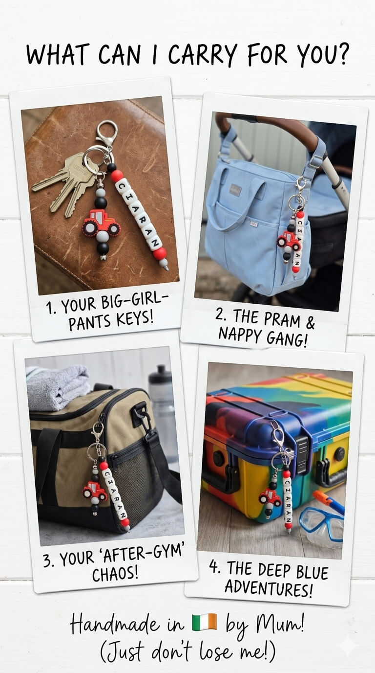 Personalised silicone bead name charm for kids' bags and keys, featuring stylish pastel beads and a durable metal lobster clasp, handmade in Ireland.