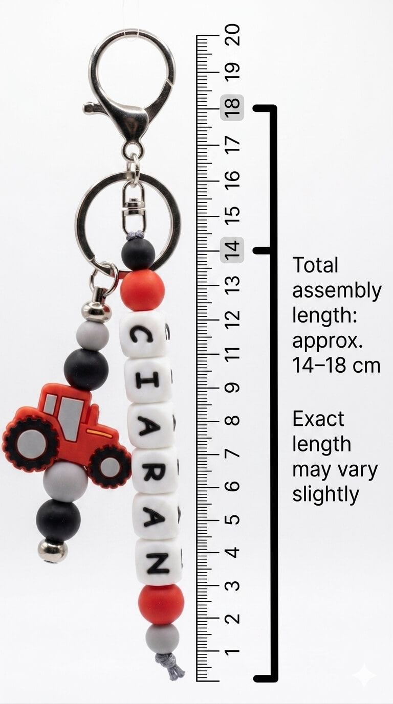 Custom name tag attached to a child's school backpack to help identify belongings in the classroom, made from high-quality BPA-free silicone beads.
