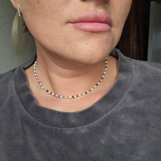 Rainbow Joy Choker – Colourful Gemstone Necklace with Pearls, Amethyst, Apatite, Amazonite & Rose Quartz – Summer Jewelry Gift
