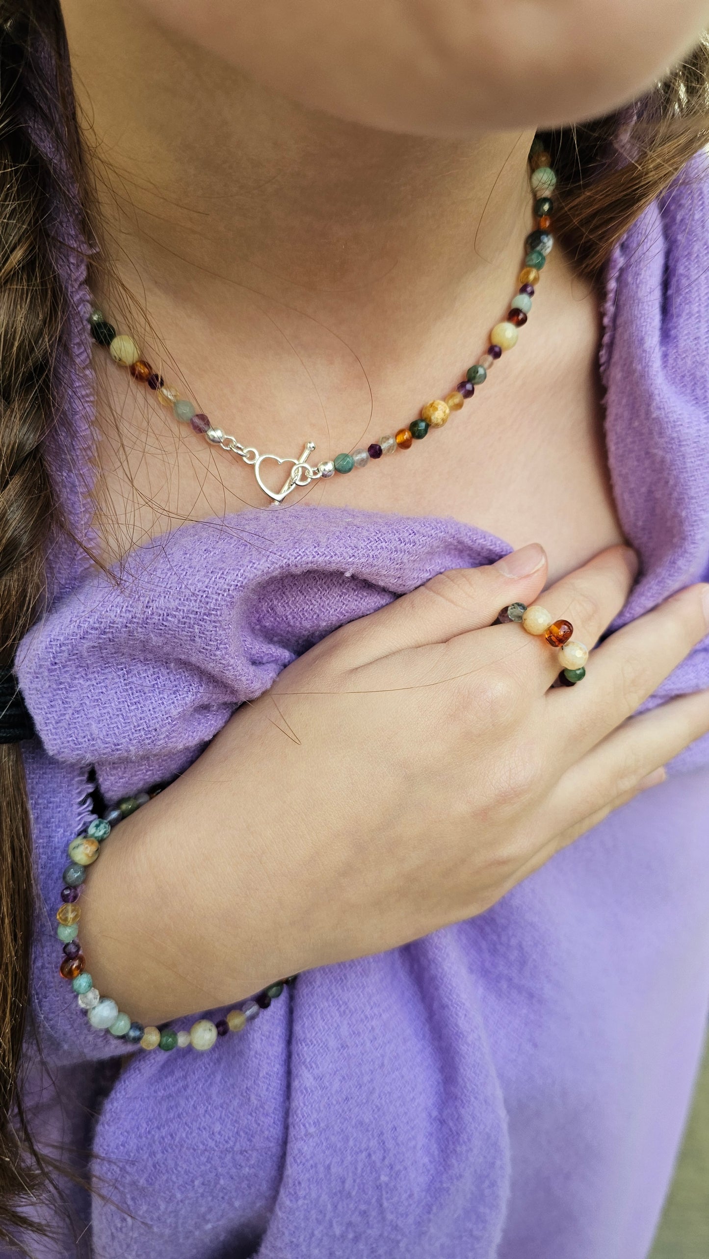 Handmade autumn gemstone choker with sterling silver heart toggle clasp.