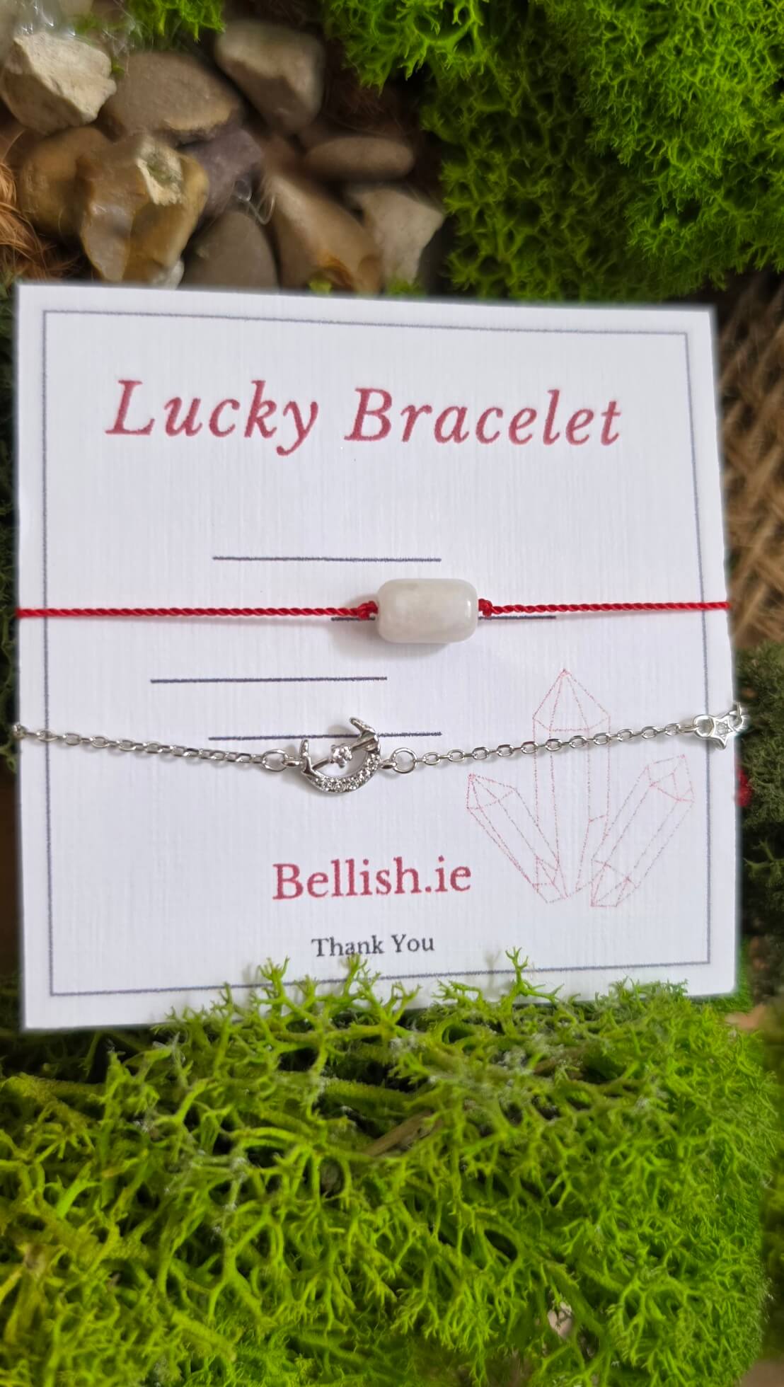 Handmade stacking bracelet set featuring a natural Moonstone red string protection bracelet with 925 sterling silver beads and a delicate crescent moon charm chain bracelet in solid 925 silver.

💡