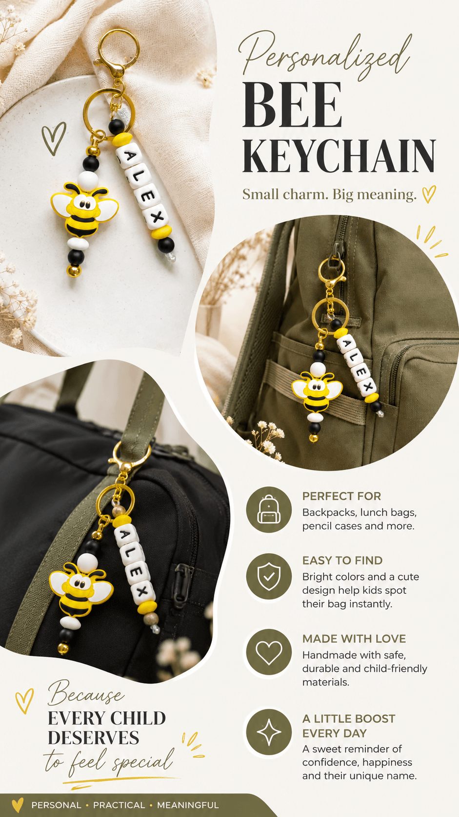 Personalised children's bee keyring attached to a black sports bag, featuring name beads, gold clasp and colourful silicone beads. A fun personalised accessory for school bags, PE bags, lunch bags and sports bags.