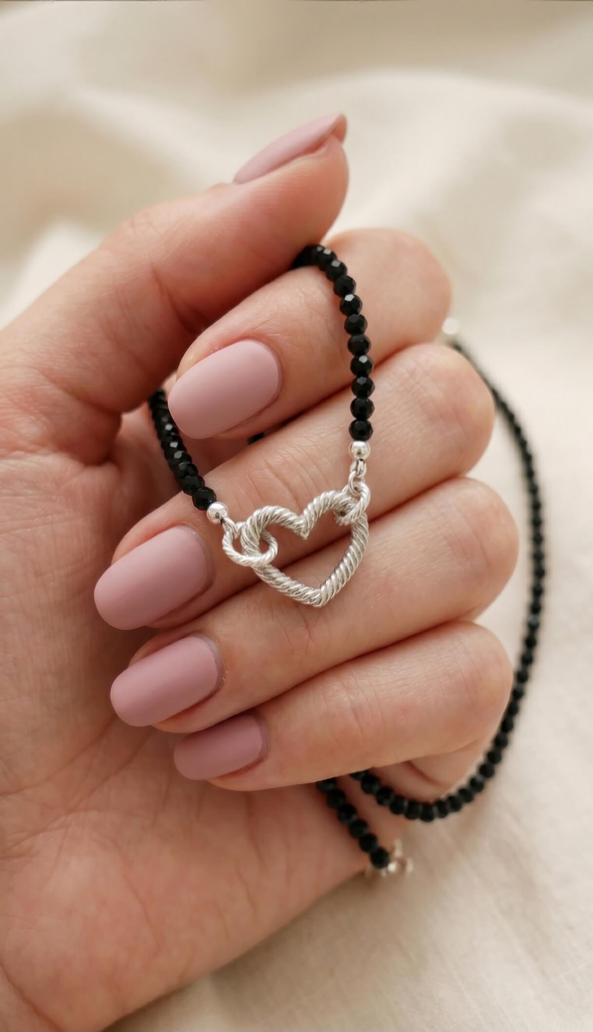 Handmade Black Tourmaline gemstone necklace with a solid 925 sterling silver heart clasp, crafted in Ireland.