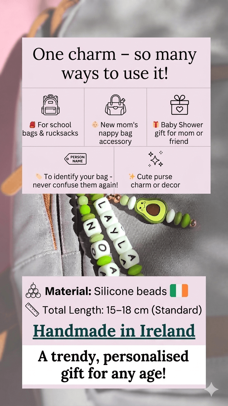 Close up of a bespoke silicone bag charm showing the letter beads and a premium metal lobster clasp.