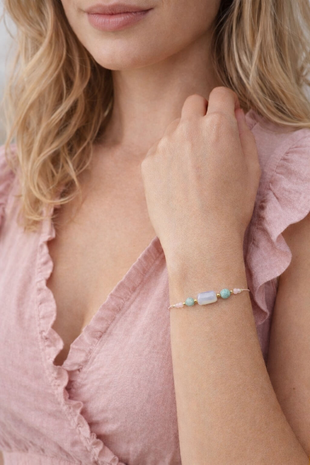 Handcafted in Ireland love bracelet, moonstone, amazonite, pink opal , beaded