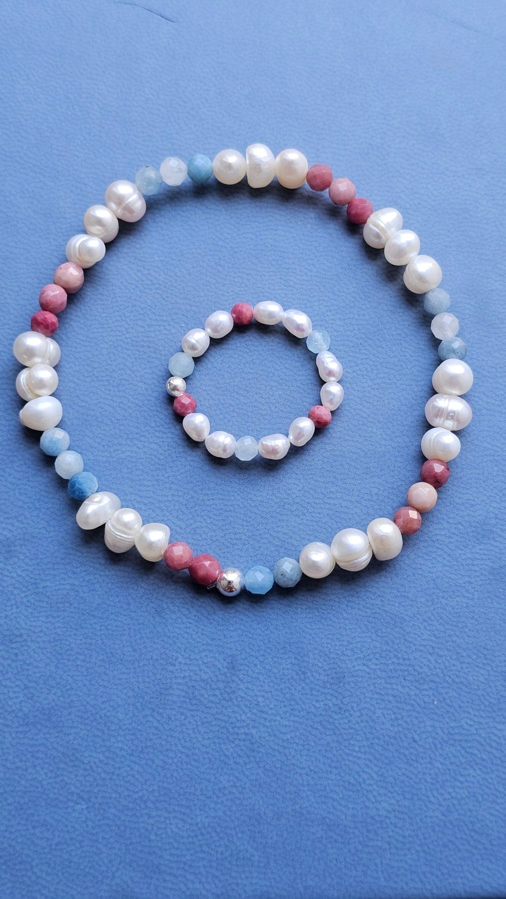 Aurora Bracelet – Handmade Aquamarine, Rhodonite & Pearl Elastic Bracelet with 925 Silver Accent - BellishAurora Bracelet – Handmade Aquamarine, Rhodonite & Pearl Elastic Bracelet with 925 Silver Accent