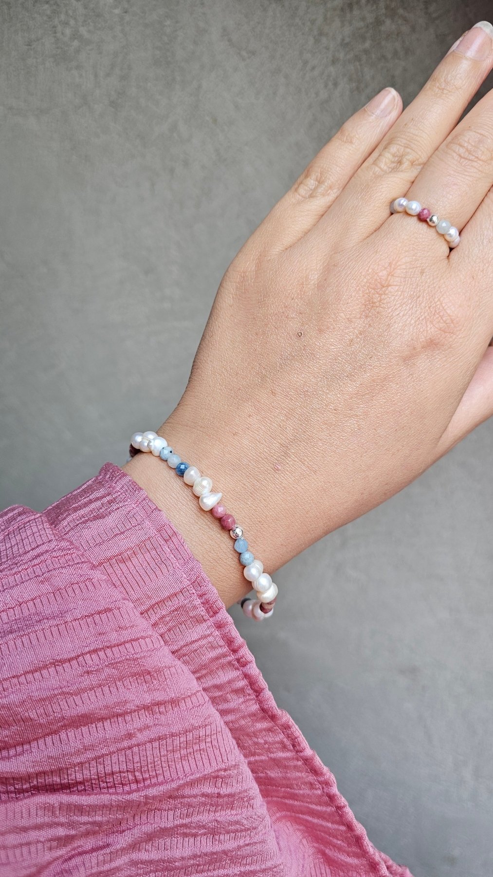 Aurora Bracelet – Handmade Aquamarine, Rhodonite & Pearl Elastic Bracelet with 925 Silver Accent - BellishAurora Bracelet – Handmade Aquamarine, Rhodonite & Pearl Elastic Bracelet with 925 Silver Accent