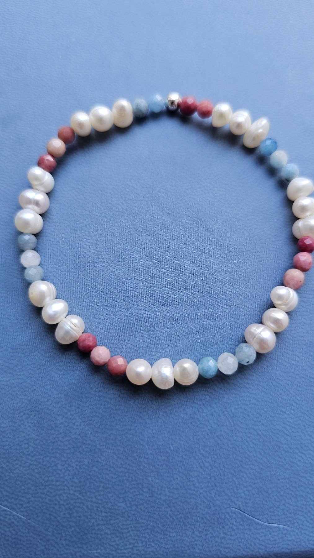 Aurora Bracelet – Handmade Aquamarine, Rhodonite & Pearl Elastic Bracelet with 925 Silver Accent - BellishAurora Bracelet – Handmade Aquamarine, Rhodonite & Pearl Elastic Bracelet with 925 Silver Accent