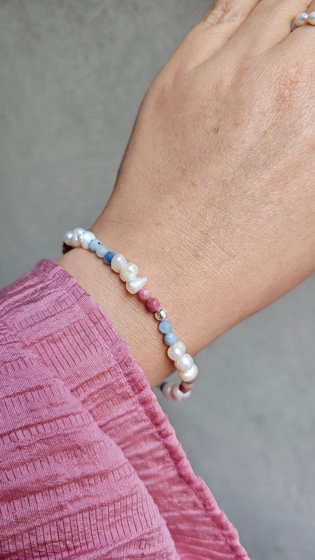 Aurora Bracelet – Handmade Aquamarine, Rhodonite & Pearl Elastic Bracelet with 925 Silver Accent - BellishAurora Bracelet – Handmade Aquamarine, Rhodonite & Pearl Elastic Bracelet with 925 Silver Accent