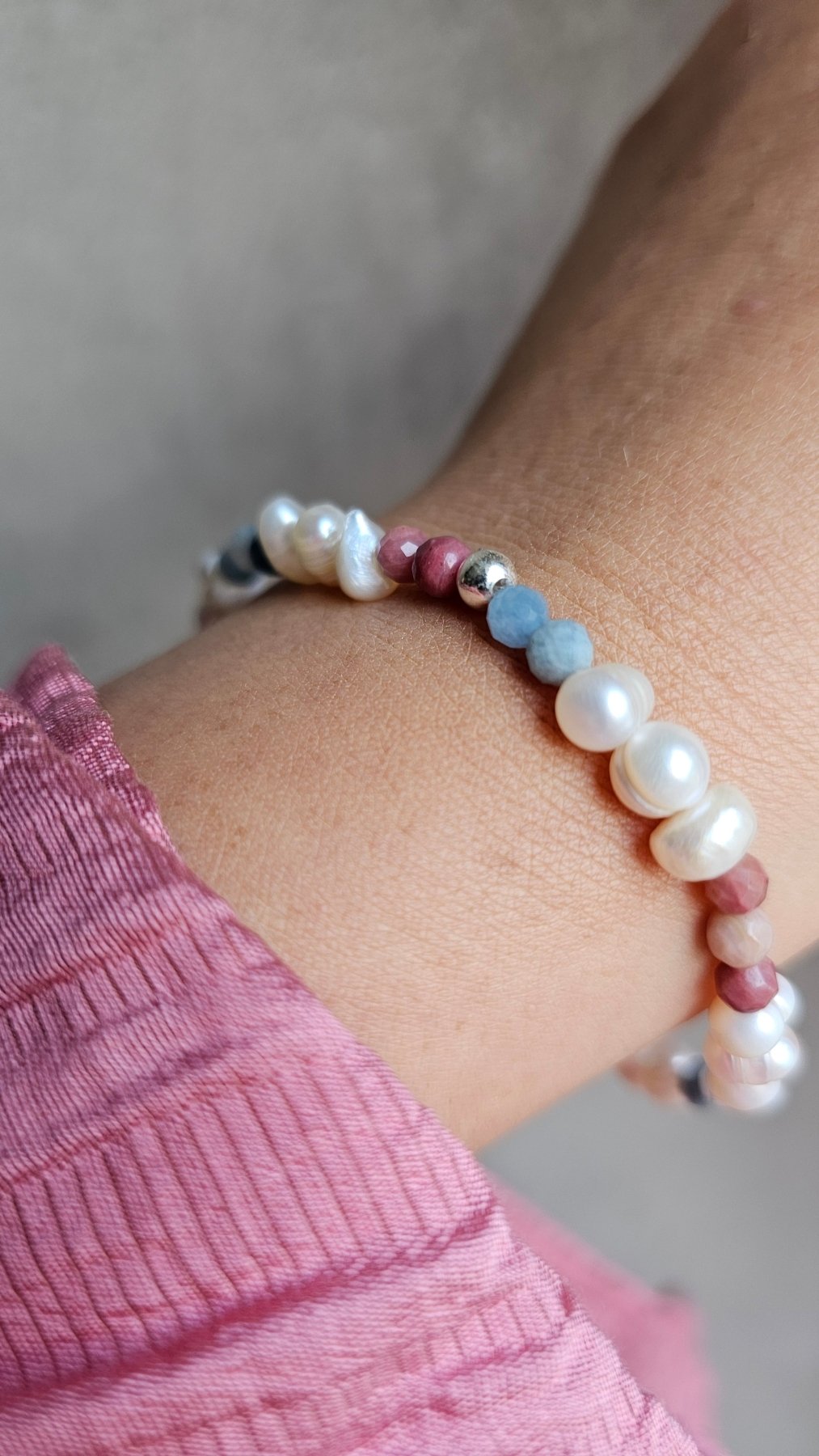 Aurora Bracelet – Handmade Aquamarine, Rhodonite & Pearl Elastic Bracelet with 925 Silver Accent - BellishAurora Bracelet – Handmade Aquamarine, Rhodonite & Pearl Elastic Bracelet with 925 Silver Accent