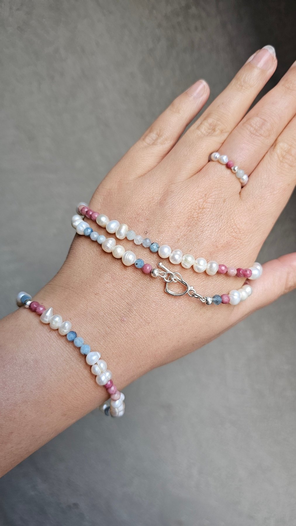 Aurora Bracelet – Handmade Aquamarine, Rhodonite & Pearl Elastic Bracelet with 925 Silver Accent - BellishAurora Bracelet – Handmade Aquamarine, Rhodonite & Pearl Elastic Bracelet with 925 Silver Accent