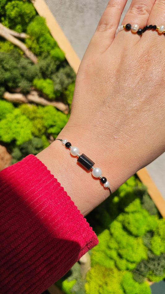 Black & White Harmony – Pearl, Onyx & Tourmaline Adjustable Bracelet - BellishBlack & White Harmony – Pearl, Onyx & Tourmaline Adjustable Bracelet