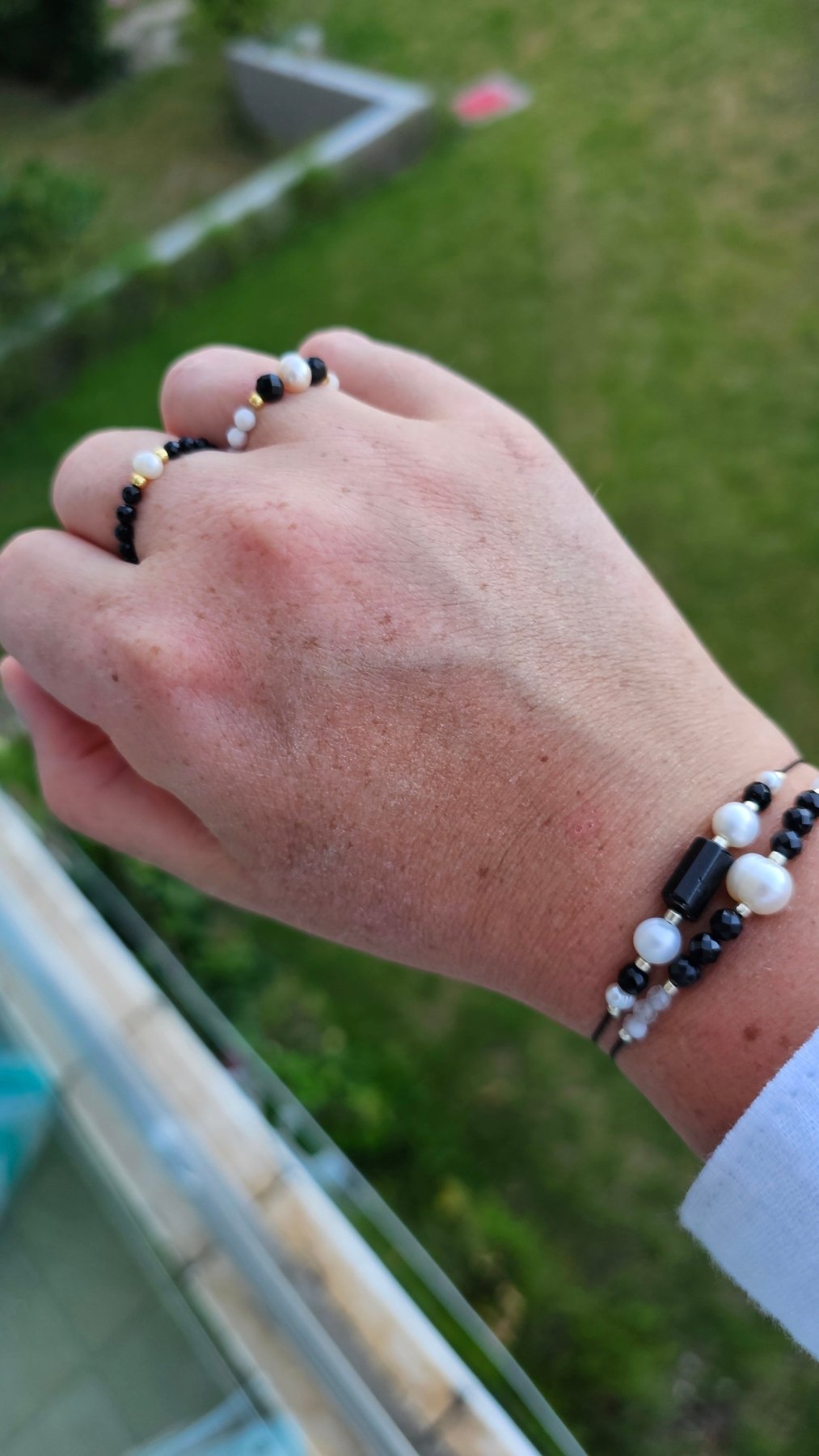 Black & White Harmony – Pearl, Onyx & Tourmaline Adjustable Bracelet - BellishBlack & White Harmony – Pearl, Onyx & Tourmaline Adjustable Bracelet