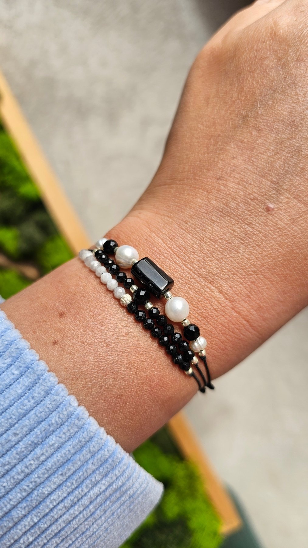 Black & White Harmony – Pearl, Onyx & Tourmaline Adjustable Bracelet - BellishBlack & White Harmony – Pearl, Onyx & Tourmaline Adjustable Bracelet