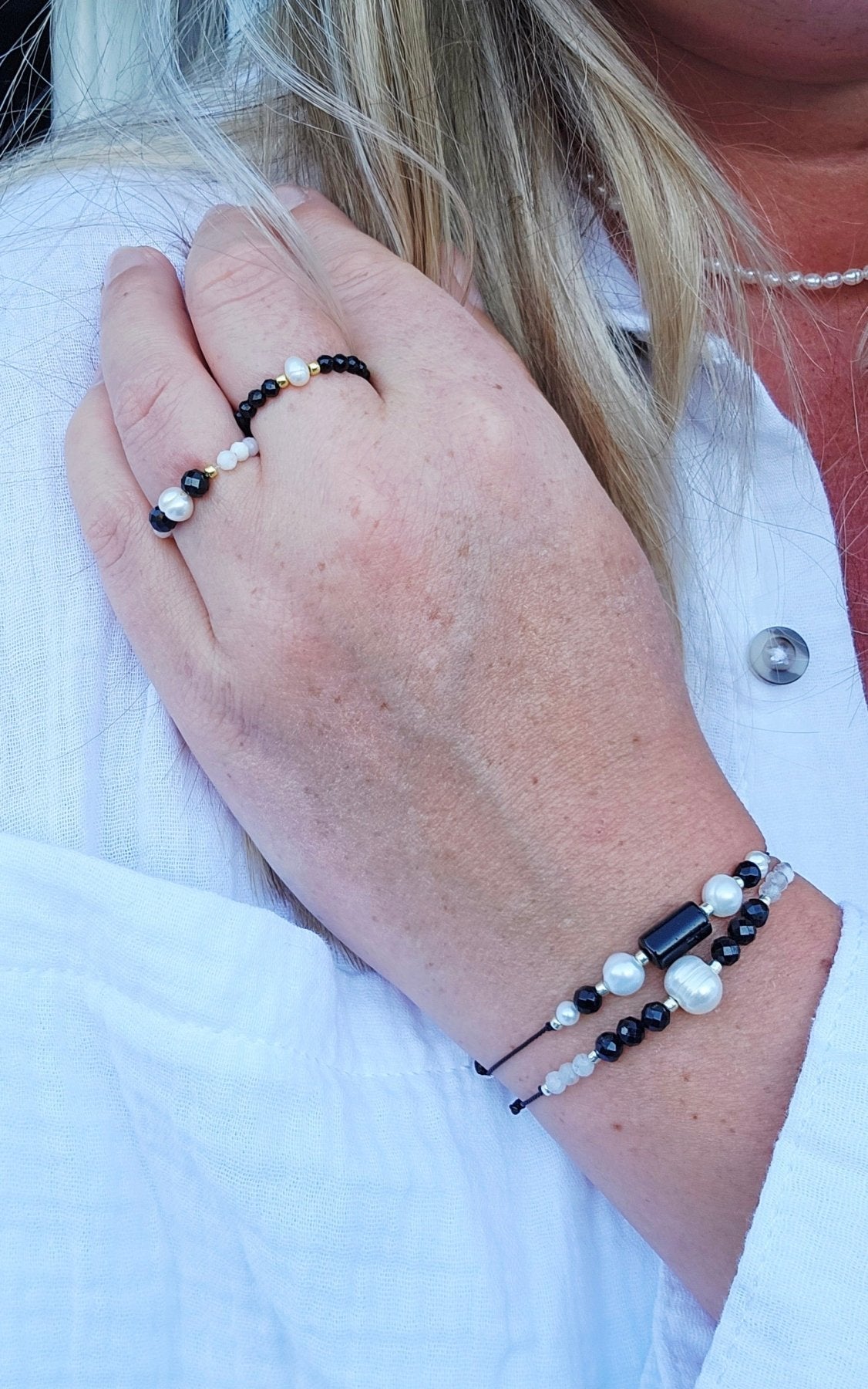 Black & White Harmony – Pearl, Onyx & Tourmaline Adjustable Bracelet - BellishBlack & White Harmony – Pearl, Onyx & Tourmaline Adjustable Bracelet