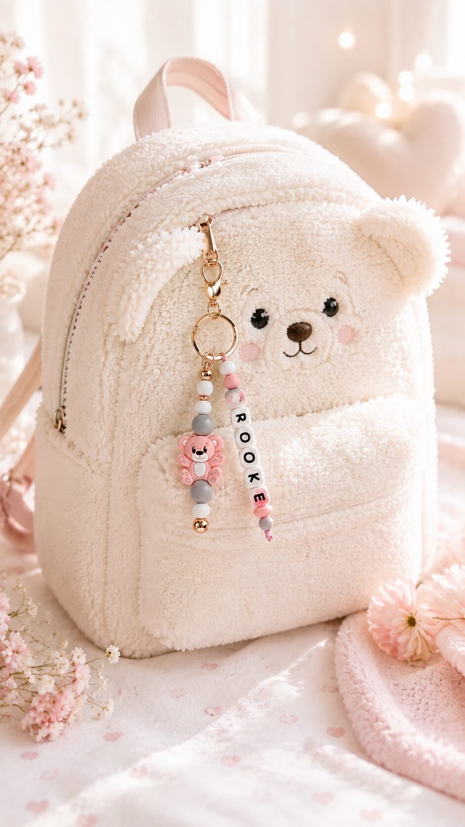 Cute pastel beaded keychain with teddy bear charm and personalised name
