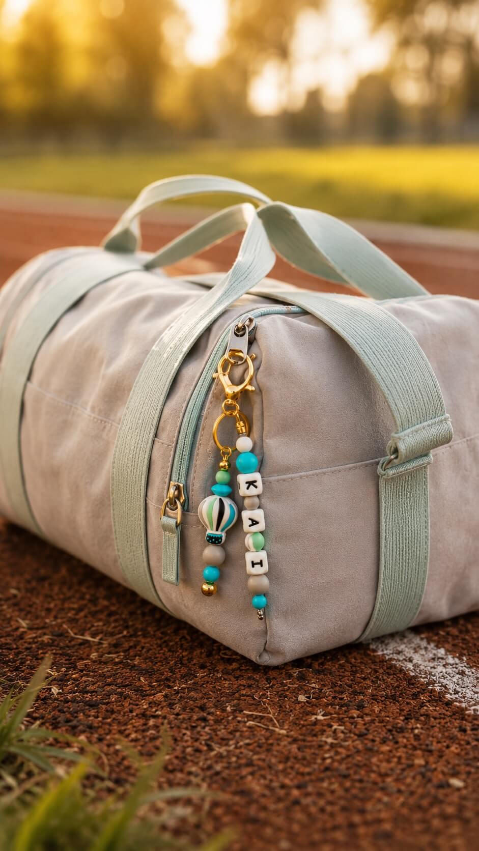 Turquoise and mint beaded keyring with personalised letter beads displayed on a neutral sports duffel bag in an outdoor setting.