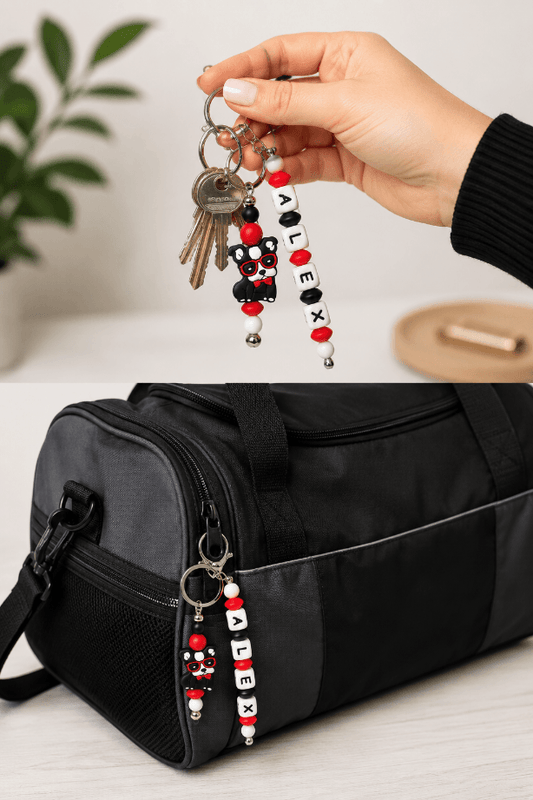 Decorative beaded keychain with cute dog charm for keys, bags, backpacks and purses