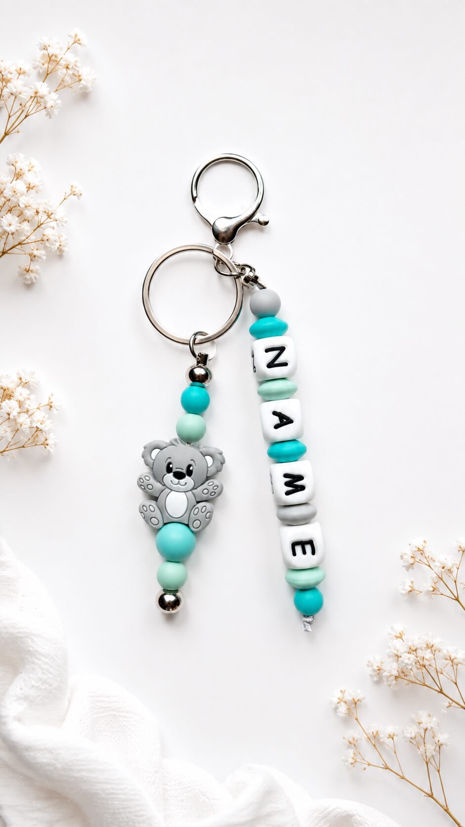Personalised name charm with silicone beads for mums, babies and children
