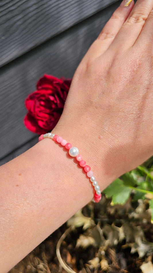 Freshwater Pearl and Pink Chalcedony Bracelet 4mm - Soft Elegance, Confidence and Inner Peace - BellishFreshwater Pearl and Pink Chalcedony Bracelet 4mm - Soft Elegance, Confidence and Inner Peace