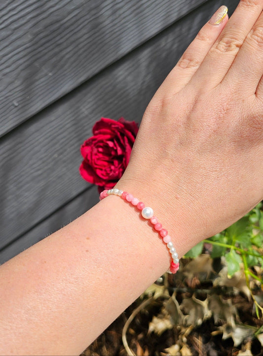 Freshwater Pearl and Pink Chalcedony Bracelet 4mm - Soft Elegance, Confidence and Inner Peace - BellishFreshwater Pearl and Pink Chalcedony Bracelet 4mm - Soft Elegance, Confidence and Inner Peace