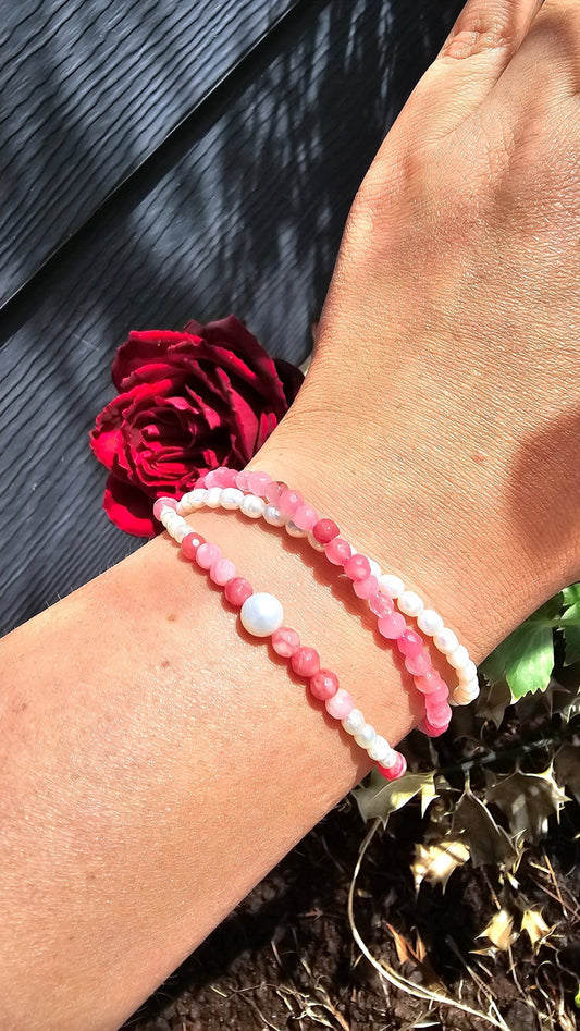 Freshwater Pearl and Pink Chalcedony Bracelet 4mm - Soft Elegance, Confidence and Inner Peace - BellishFreshwater Pearl and Pink Chalcedony Bracelet 4mm - Soft Elegance, Confidence and Inner Peace
