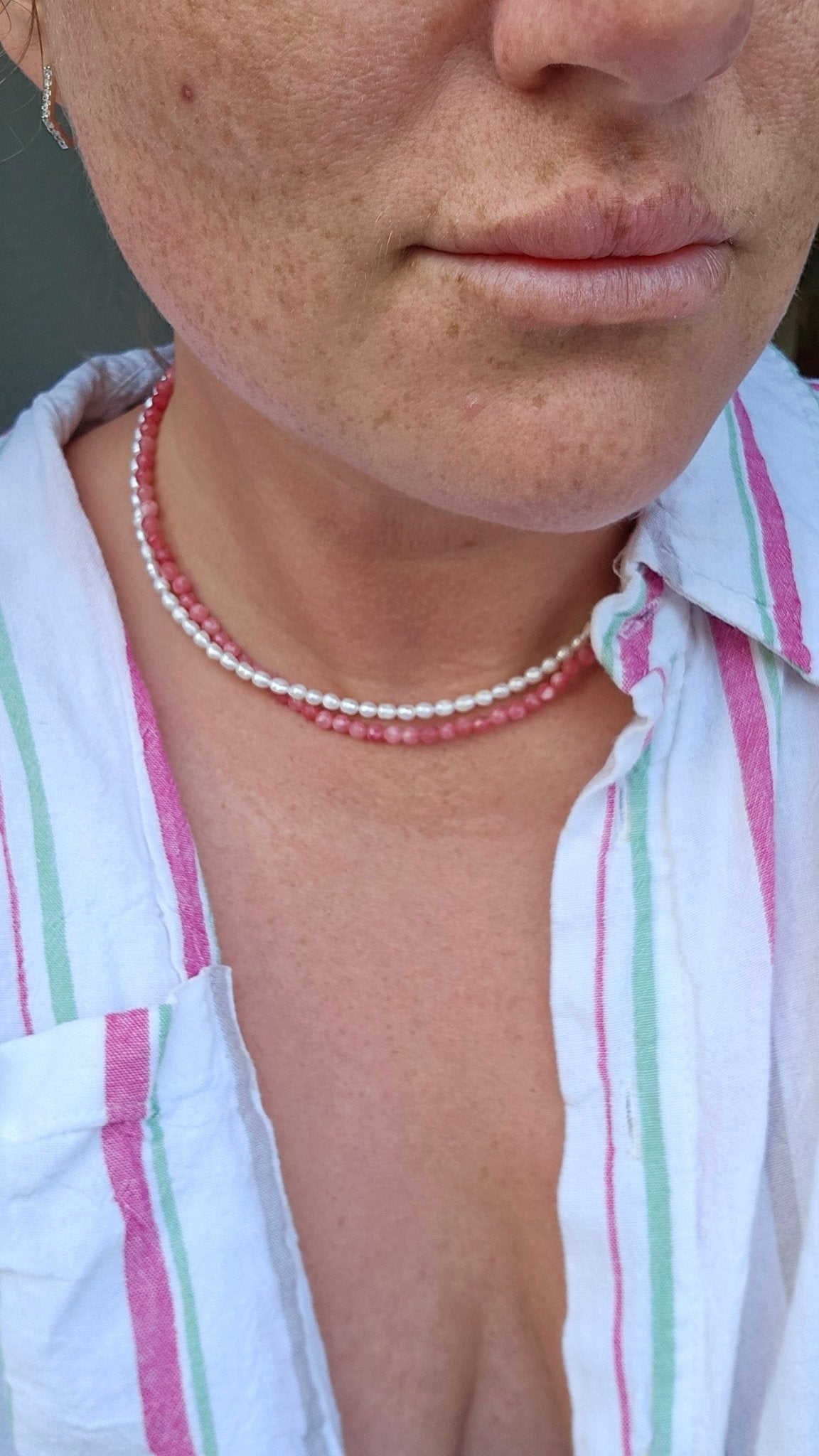 Freshwater Pearl & Pink Chalcedony Double - Layer Choker 4mm – Calm, Confidence & Emotional Balance - BellishFreshwater Pearl & Pink Chalcedony Double - Layer Choker 4mm – Calm, Confidence & Emotional Balance