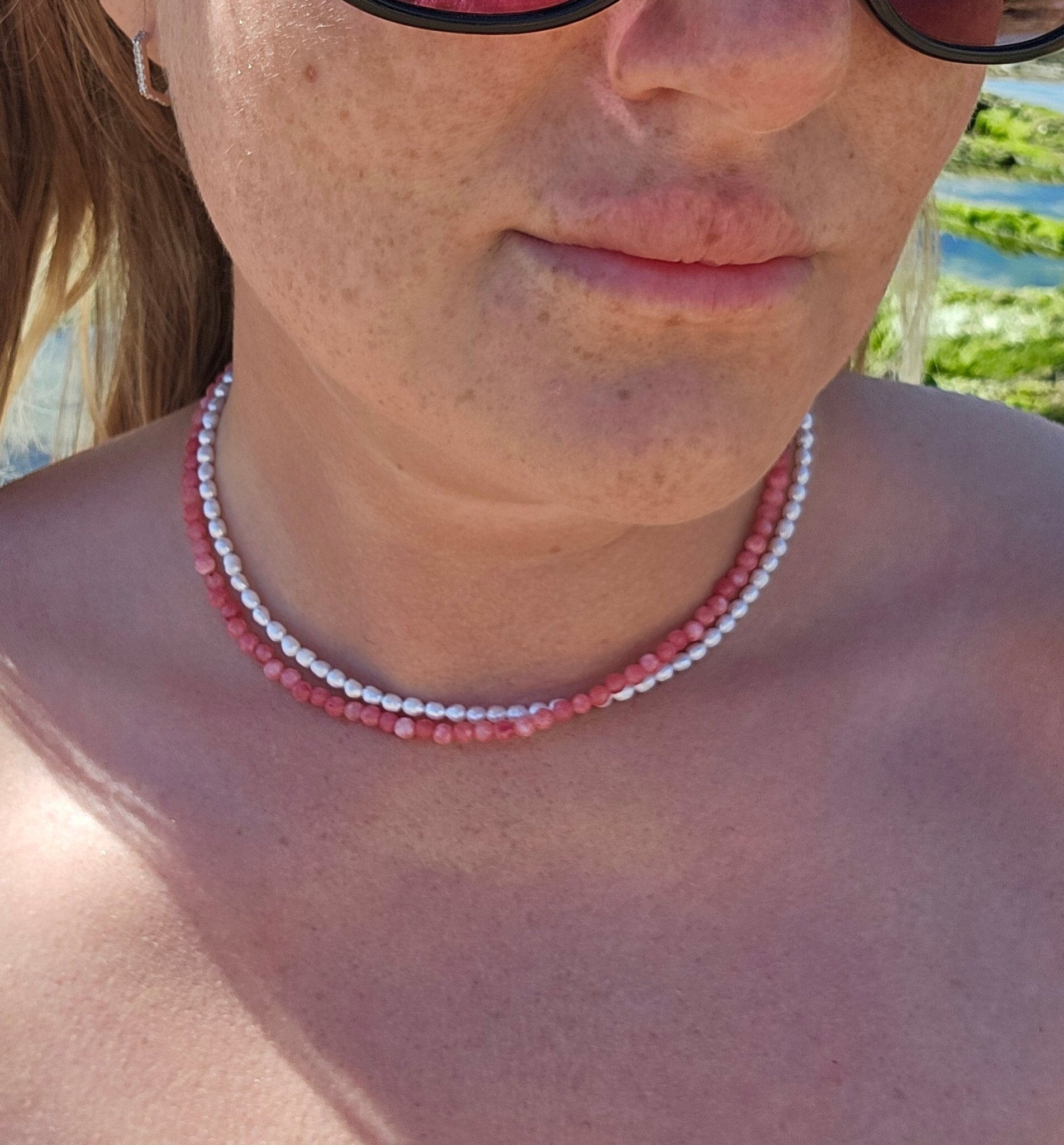 Freshwater Pearl & Pink Chalcedony Double - Layer Choker 4mm – Calm, Confidence & Emotional Balance - BellishFreshwater Pearl & Pink Chalcedony Double - Layer Choker 4mm – Calm, Confidence & Emotional Balance