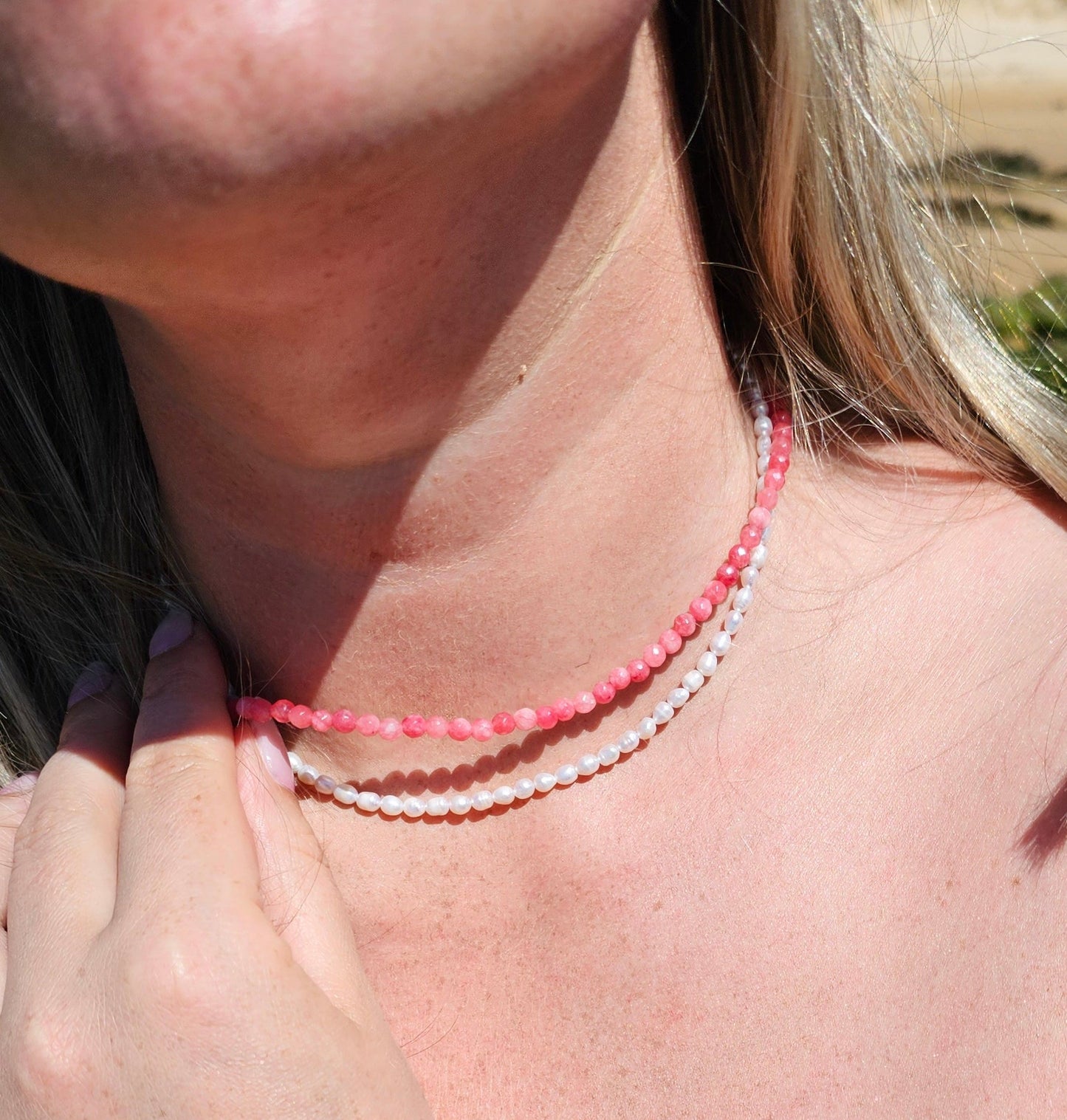 Freshwater Pearl & Pink Chalcedony Double - Layer Choker 4mm – Calm, Confidence & Emotional Balance - BellishFreshwater Pearl & Pink Chalcedony Double - Layer Choker 4mm – Calm, Confidence & Emotional Balance