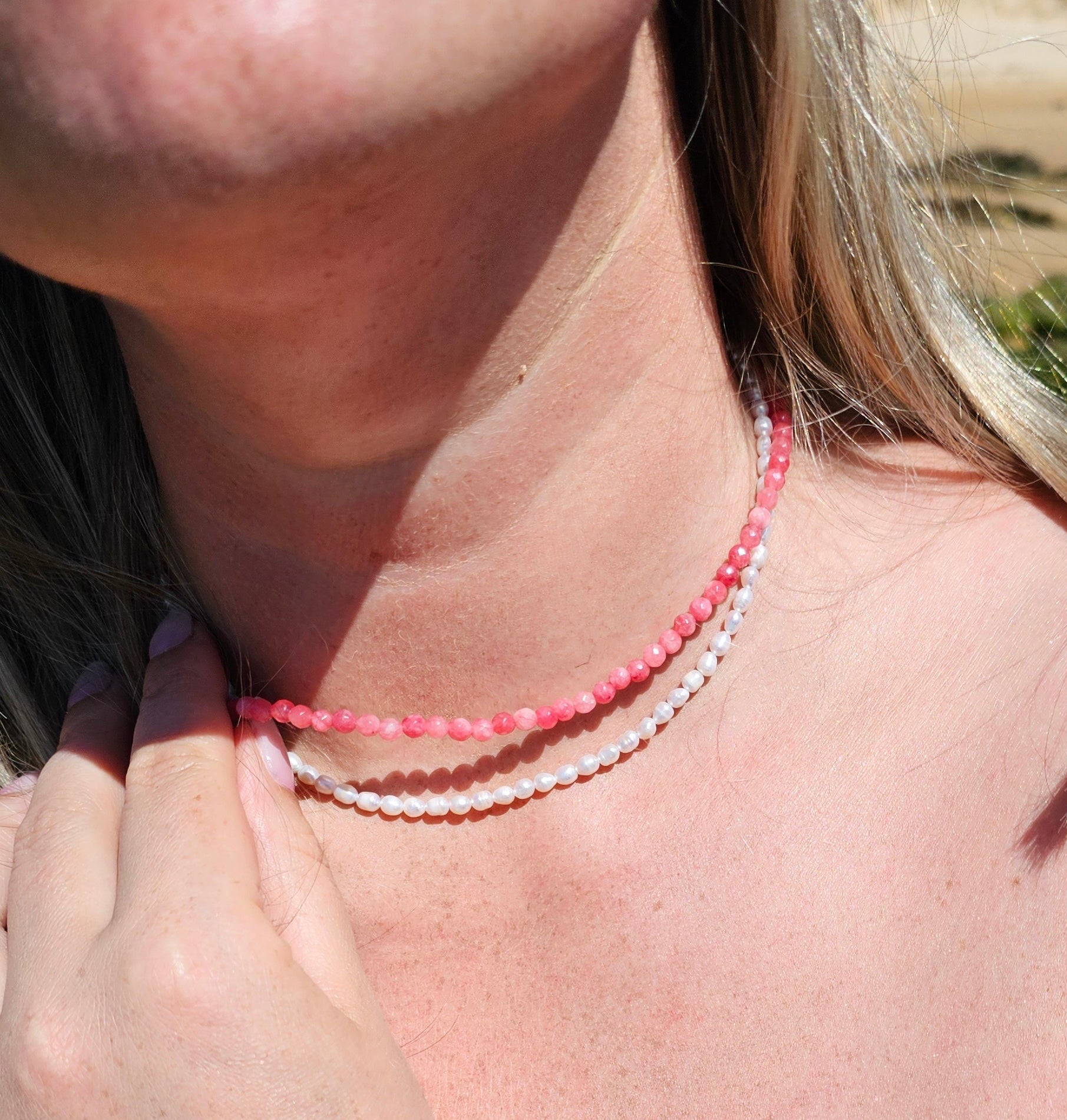 Freshwater Pearl & Pink Chalcedony Double - Layer Choker 4mm – Calm, Confidence & Emotional Balance - BellishFreshwater Pearl & Pink Chalcedony Double - Layer Choker 4mm – Calm, Confidence & Emotional Balance