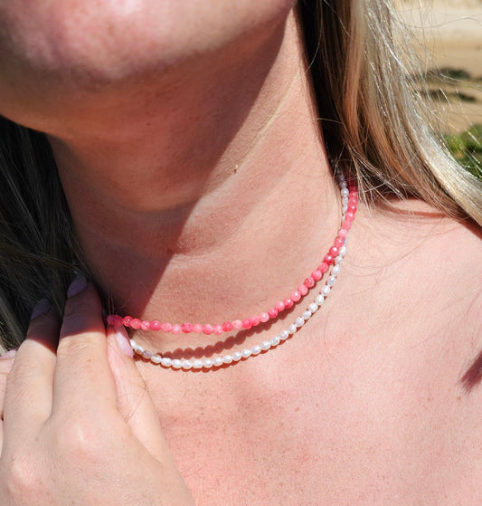 Freshwater Pearl & Pink Chalcedony Double - Layer Choker 4mm – Calm, Confidence & Emotional Balance - BellishFreshwater Pearl & Pink Chalcedony Double - Layer Choker 4mm – Calm, Confidence & Emotional Balance
