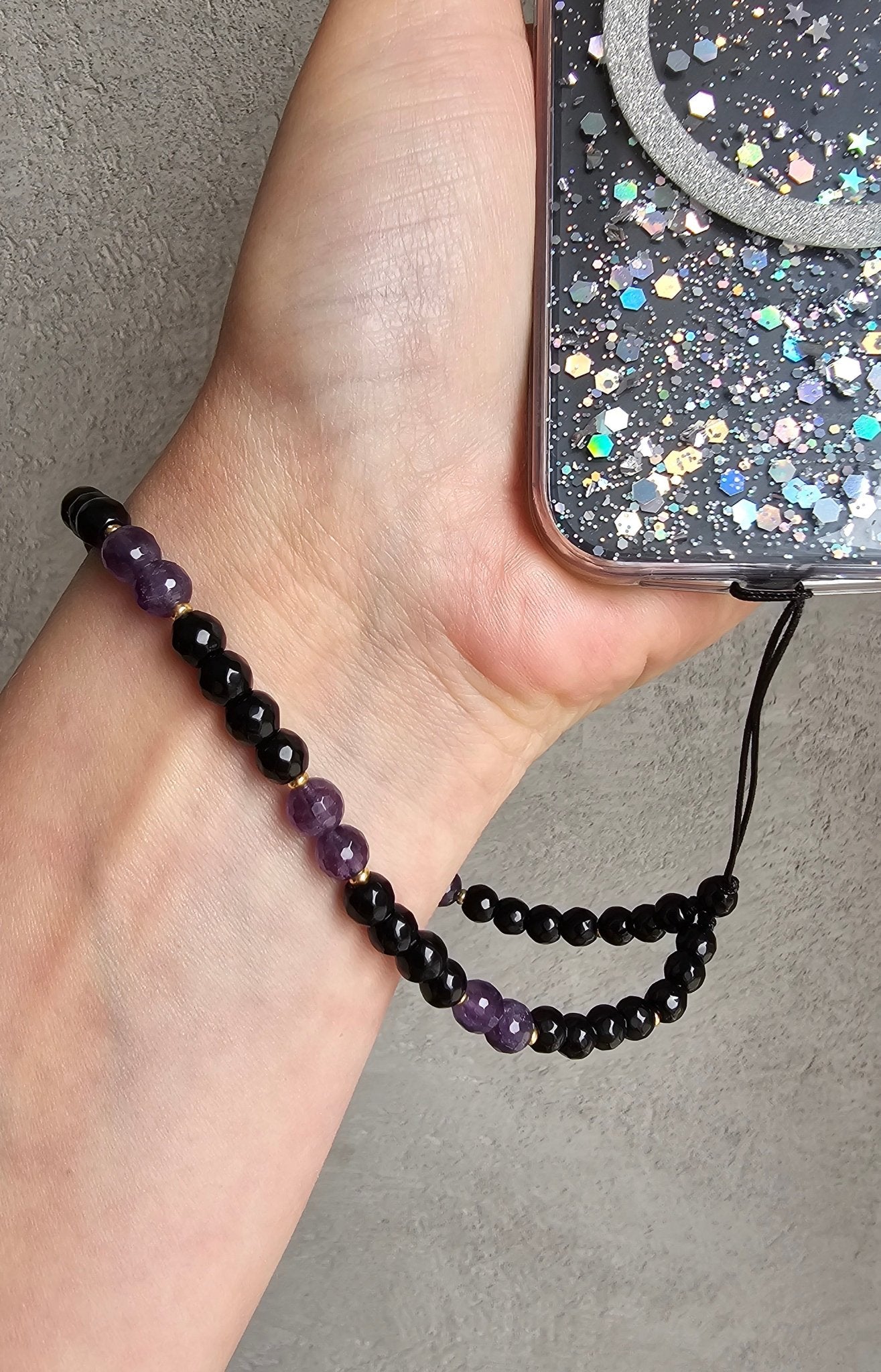 Gemstone Charm for Phone , Keys, Fidget - Back Onyx & Amethyst - BellishGemstone Charm for Phone , Keys, Fidget - Back Onyx & Amethyst