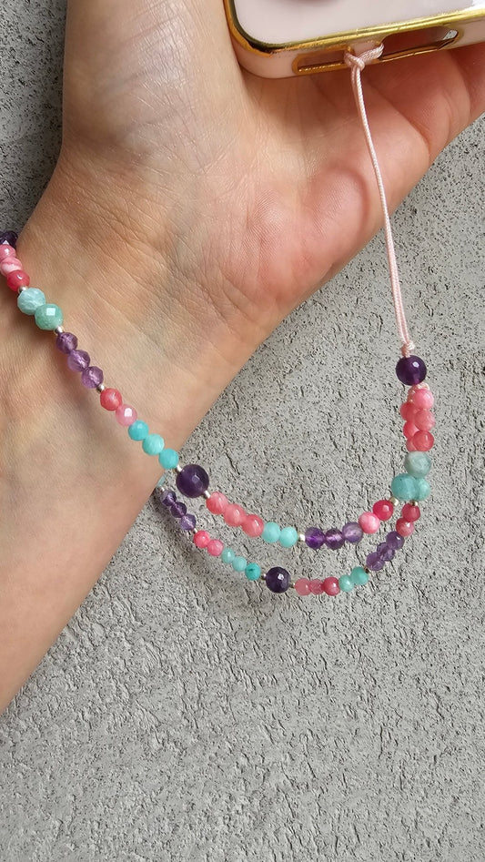 Gemstone Phone Charm – Amazonite, Chalcedony & Amethyst | 25 cm Handmade Crystal Strap - BellishGemstone Phone Charm – Amazonite, Chalcedony & Amethyst | 25 cm Handmade Crystal Strap