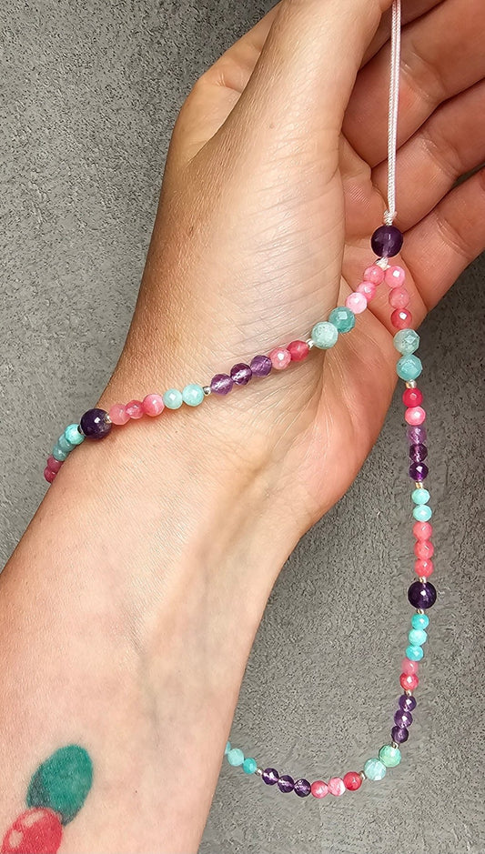 Gemstone Phone Charm – Amazonite, Chalcedony & Amethyst | 25 cm Handmade Crystal Strap - BellishGemstone Phone Charm – Amazonite, Chalcedony & Amethyst | 25 cm Handmade Crystal Strap