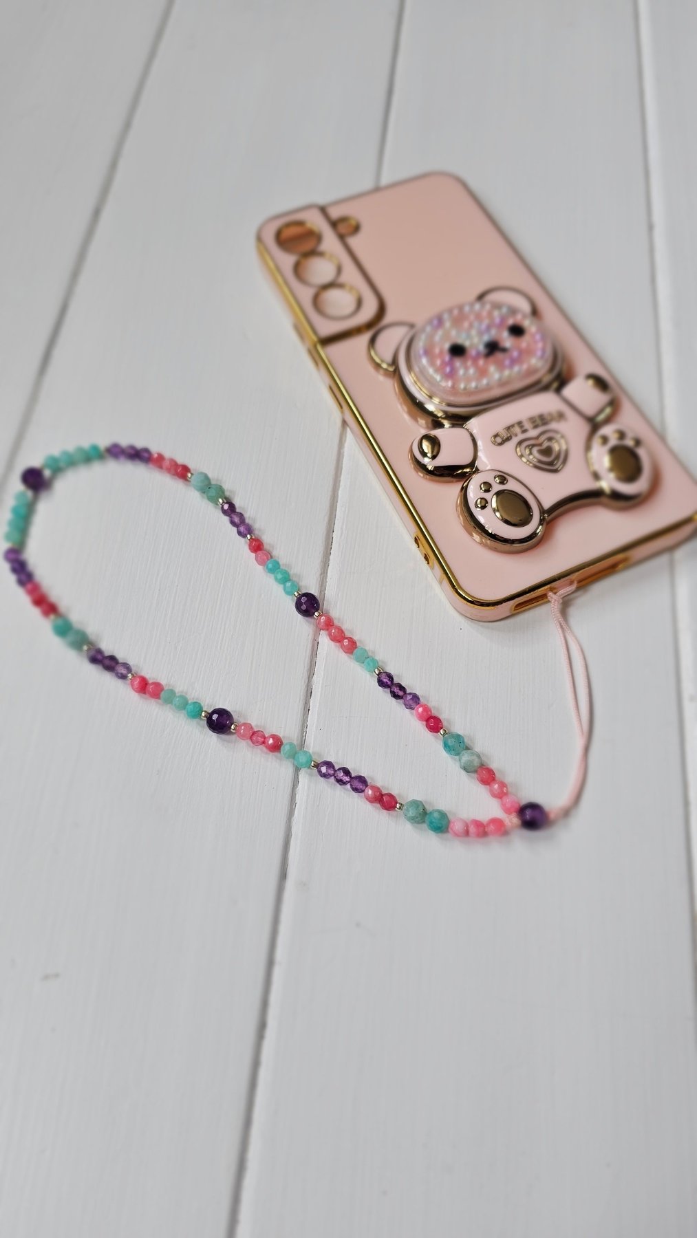 Gemstone Phone Charm – Amazonite, Chalcedony & Amethyst | 25 cm Handmade Crystal Strap - BellishGemstone Phone Charm – Amazonite, Chalcedony & Amethyst | 25 cm Handmade Crystal Strap
