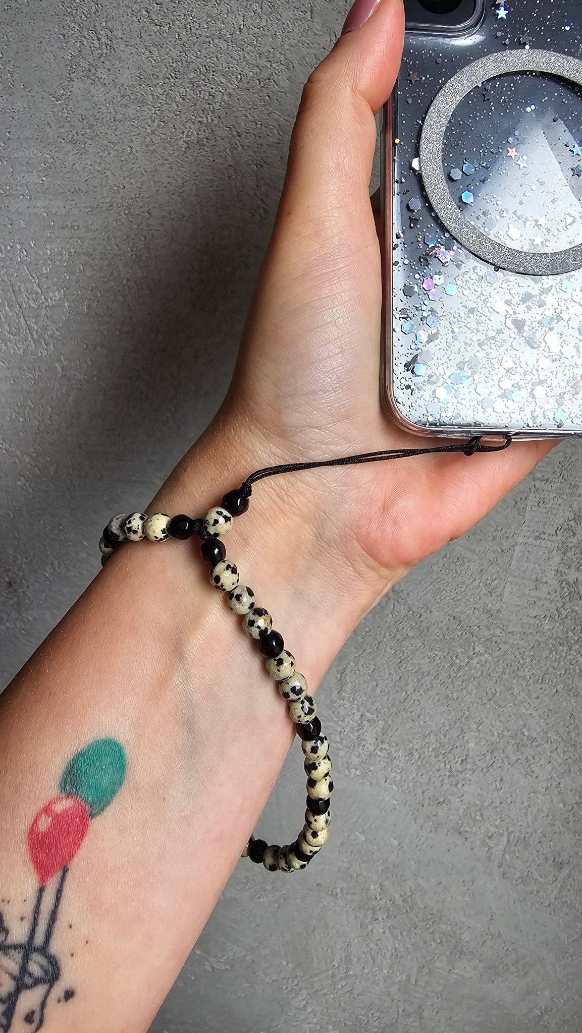 Gemstone Phone Charm – Black Onyx & Dalmatian Jasper - BellishGemstone Phone Charm – Black Onyx & Dalmatian Jasper