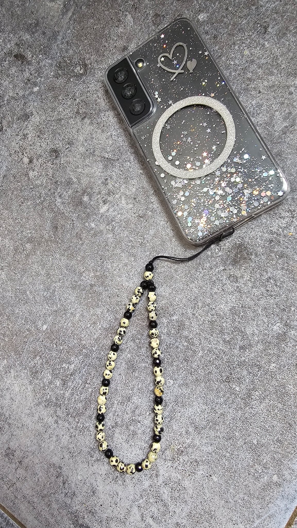 Gemstone Phone Charm – Black Onyx & Dalmatian Jasper - BellishGemstone Phone Charm – Black Onyx & Dalmatian Jasper
