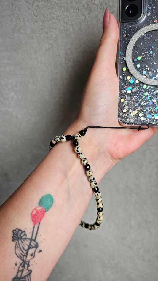 Gemstone Phone Charm – Black Onyx & Dalmatian Jasper - BellishGemstone Phone Charm – Black Onyx & Dalmatian Jasper