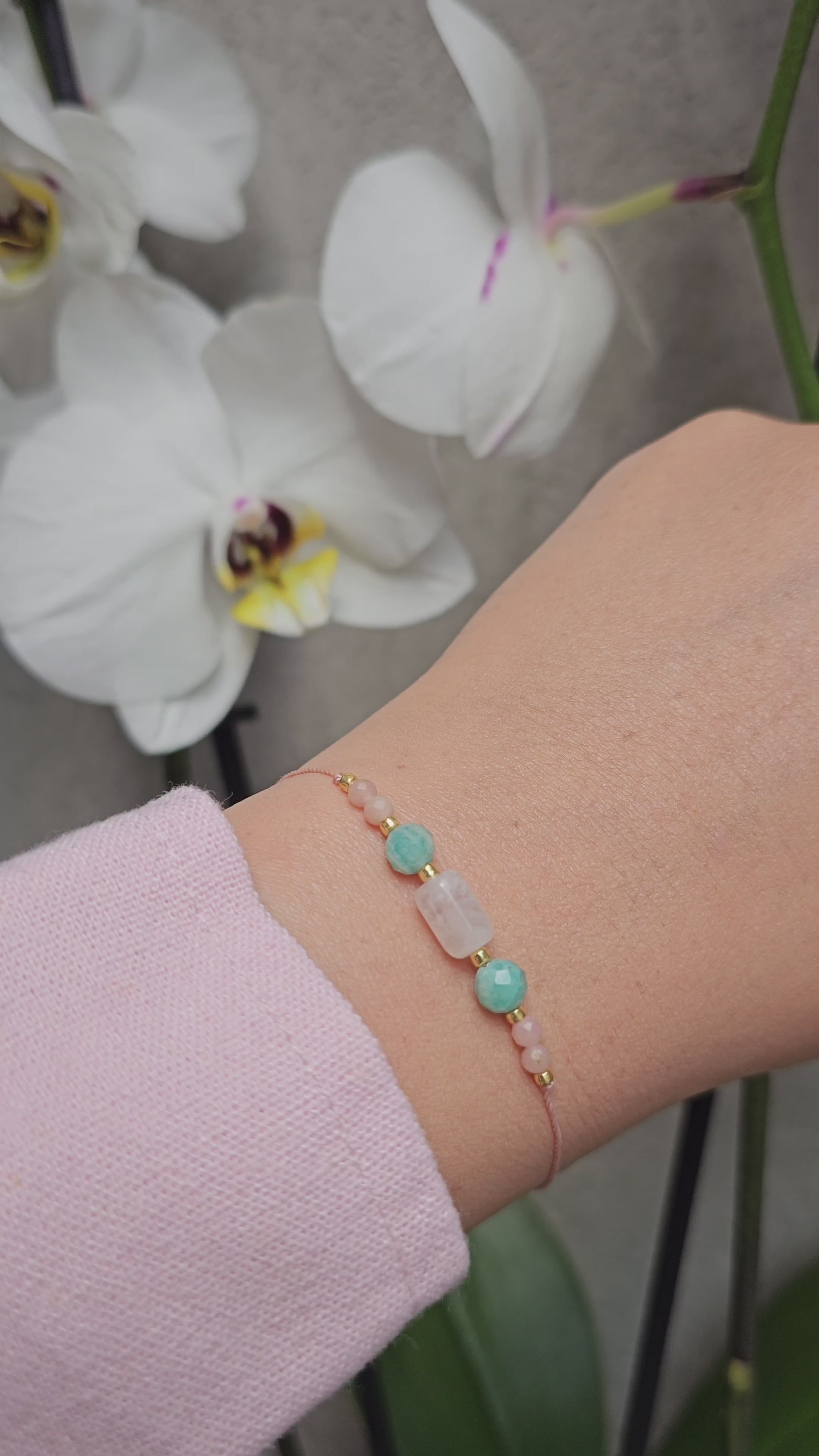 Handmade Love Bracelet Ireland – crystal bracelet for love, harmony & healing. Pink Opal, Moonstone & Amazonite with Sterling Silver 925. A meaningful jewellery gift for her.