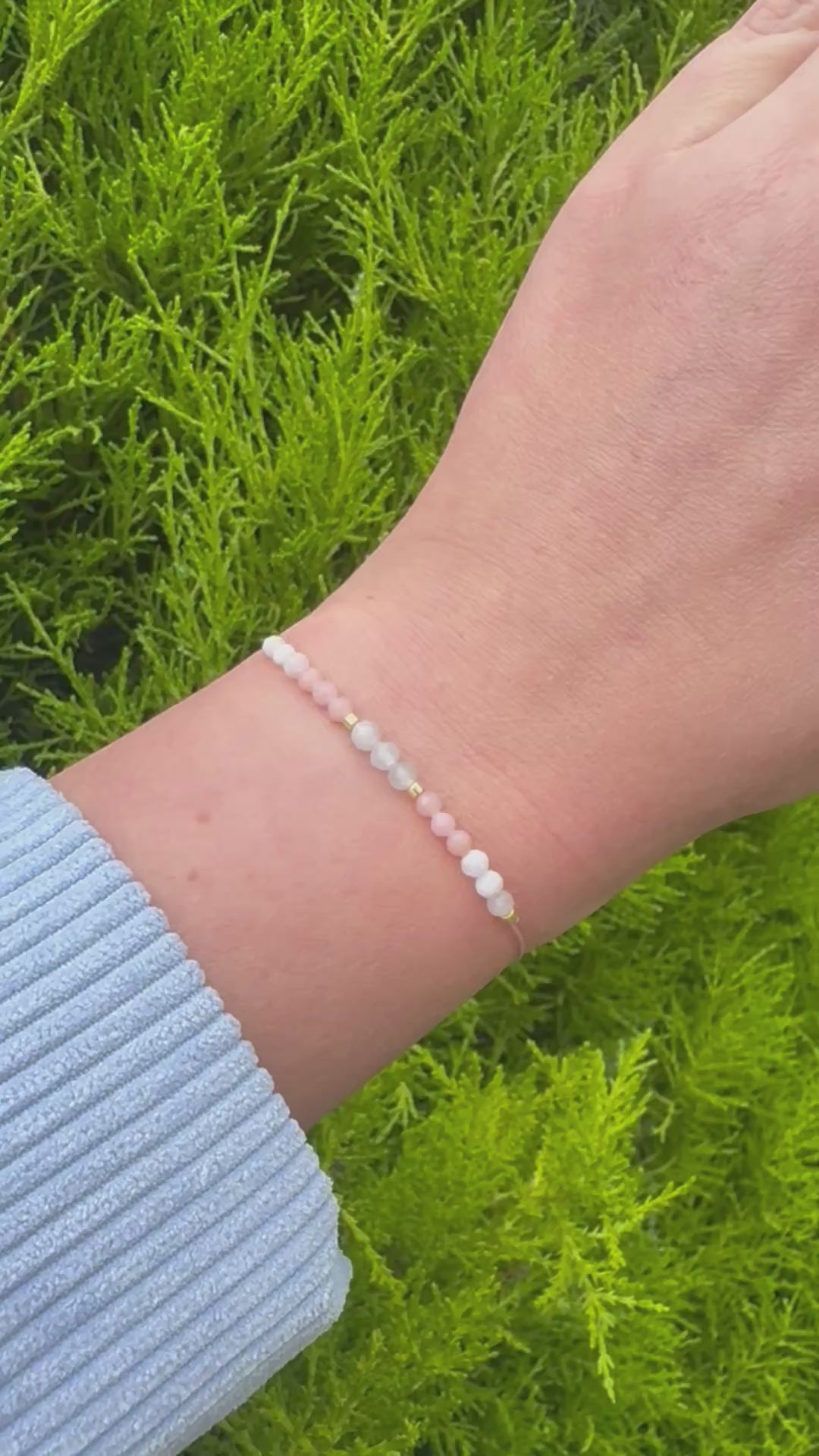 Love Yourself First bracelet with Moonstone, Pink Opal &amp; Aquamarine

Adjustable self-love gemstone bracelet with silver stoppers

Handmade macramé bracelet promoting emotional healing and calm

Elegant gemstone bracelet for women — self-love gift idea