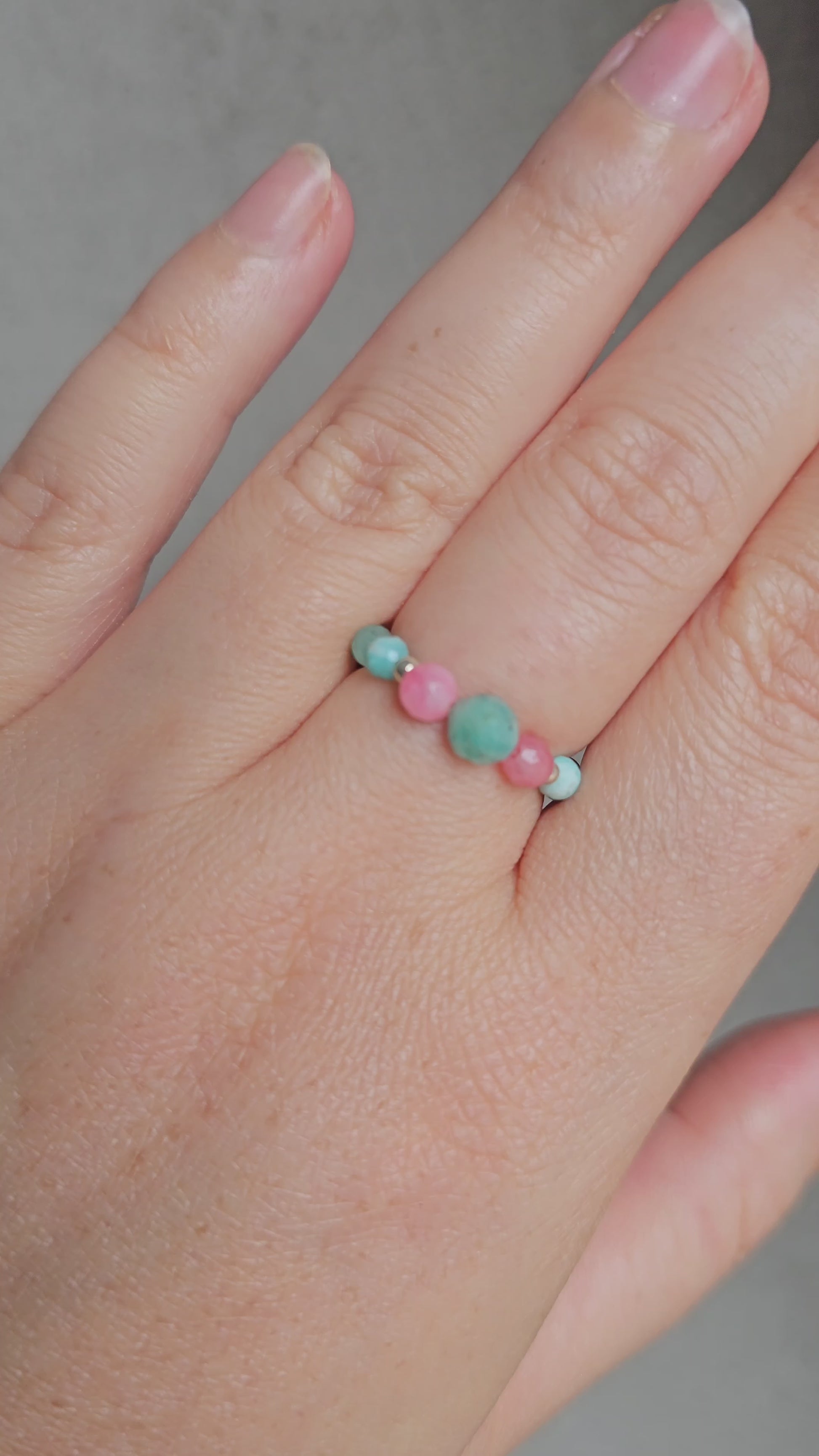 Close-up of Perfect Day elastic ring with amazonite and pink chalcedony beads and silver TOHO accents
Handmade gemstone ring Perfect Day featuring 6mm amazonite and 4mm pink chalcedony beads
Stretchy elastic ring Perfect Day with natural amazonite and pink chalcedony stones, silver beads
