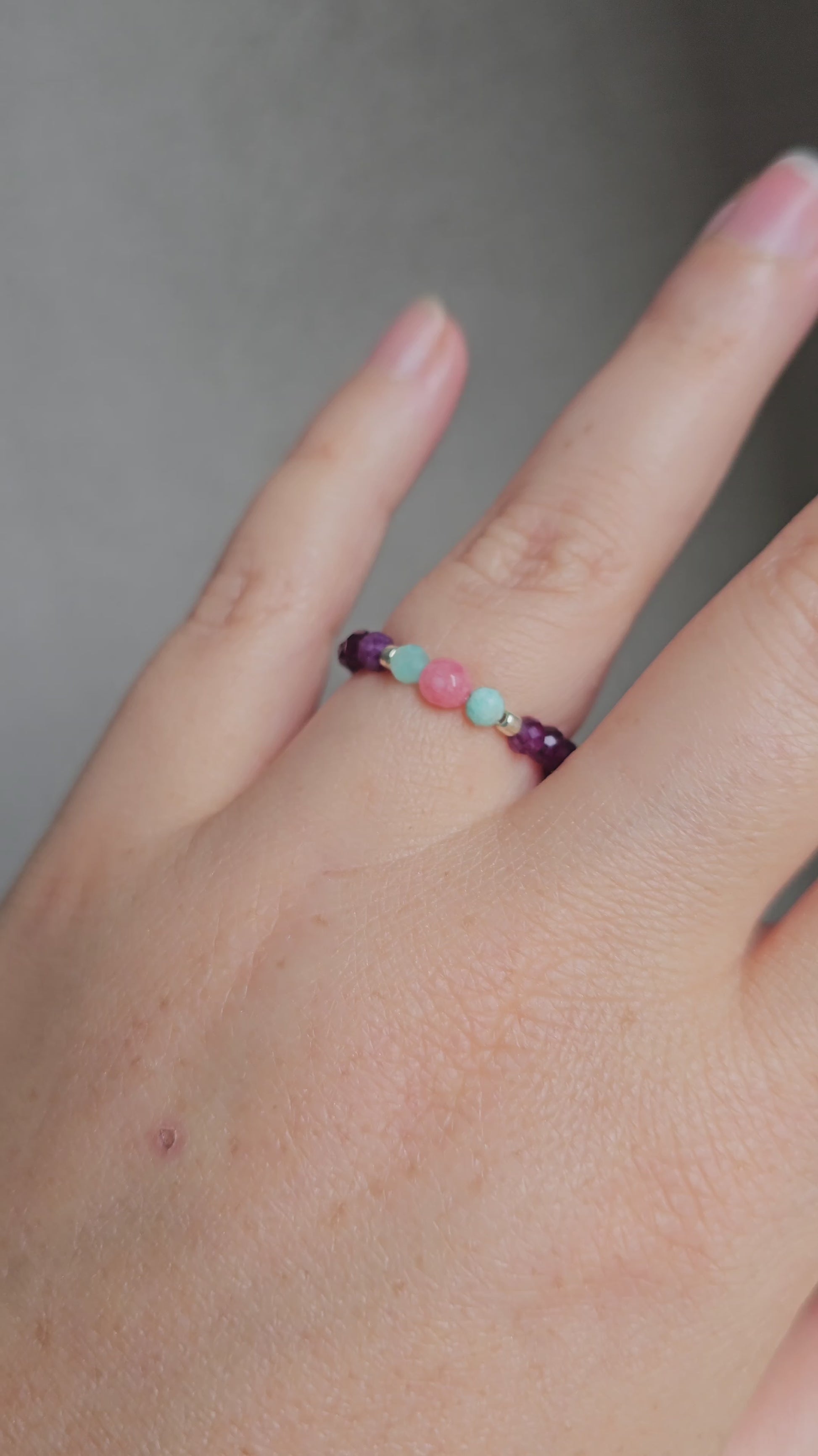 Close-up of Perfect Day elastic ring with amazonite and pink chalcedony beads and silver TOHO accents
Handmade gemstone ring Perfect Day featuring 6mm amazonite and 4mm pink chalcedony beads
Stretchy elastic ring Perfect Day with natural amazonite and pink chalcedony stones, silver beads
