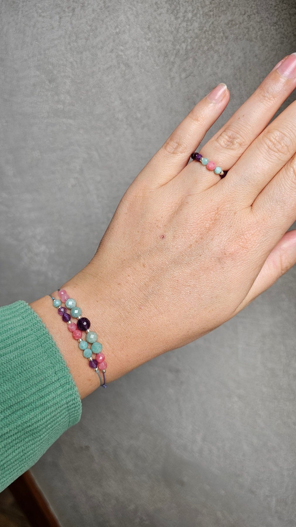 Rose Mist Stretch Ring - Amethyst - Amazonite - Chalcedony - BellishRose Mist Stretch Ring - Amethyst - Amazonite - Chalcedony